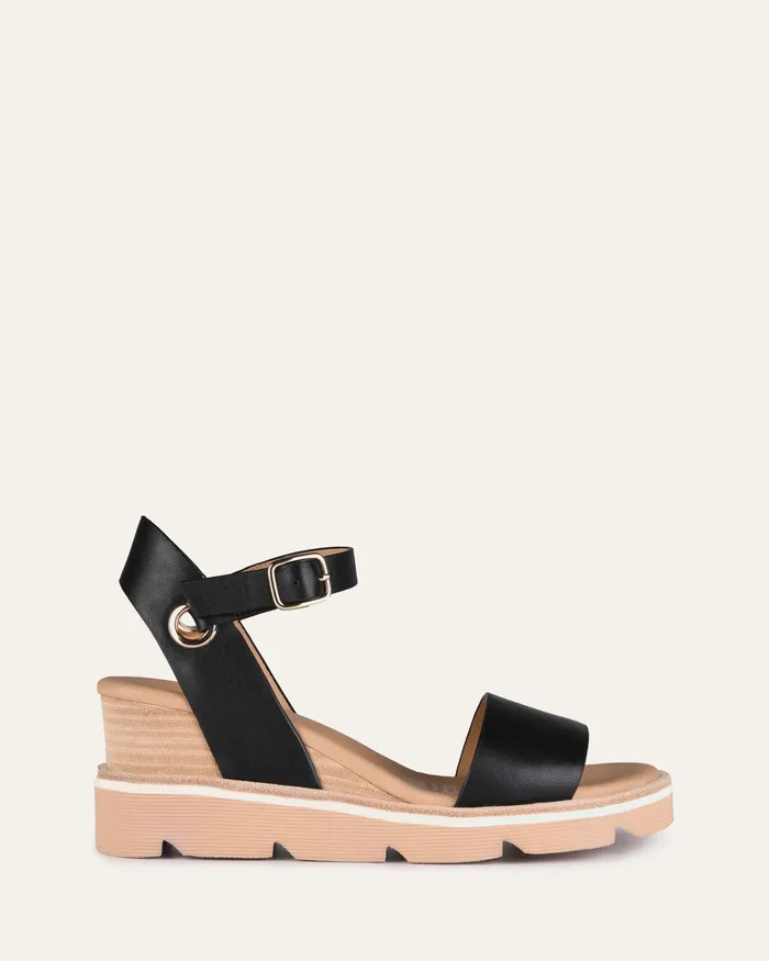 Katie mid heel wedge sandals black leather Women MID SANDALS jomercer