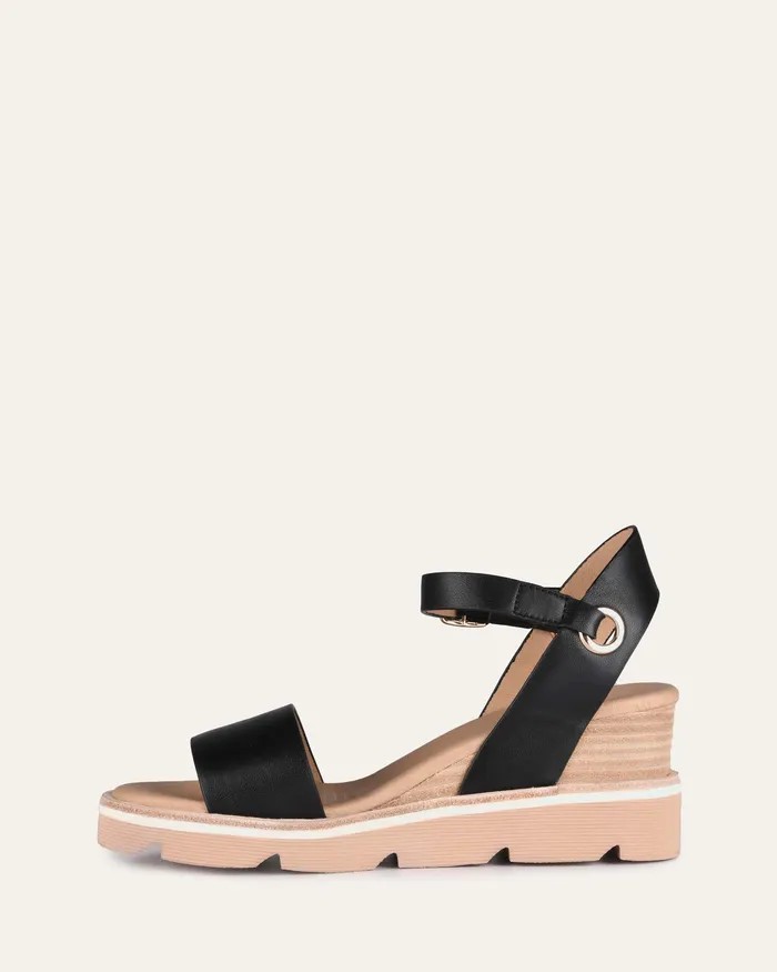 Katie mid heel wedge sandals black leather Women MID SANDALS jomercer