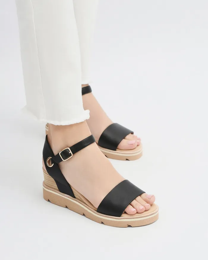 Katie mid heel wedge sandals black leather Women MID SANDALS jomercer