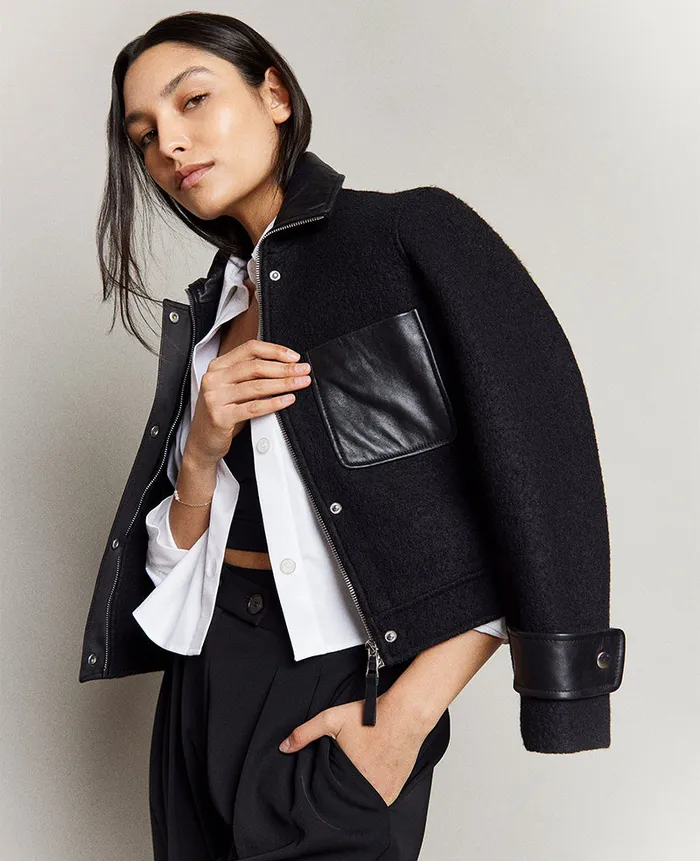 Kenneth Cole Blazers and Jackets Women Vegan Leather And Wool Cropped Moto Jacket Black