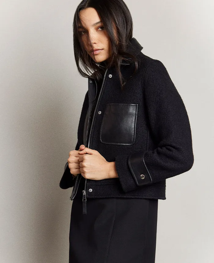 Kenneth Cole Blazers and Jackets Women Vegan Leather And Wool Cropped Moto Jacket Black Kenneth Cole Blazers and Jackets Women Vegan Leather And Wool Cropped Moto Jacket Black