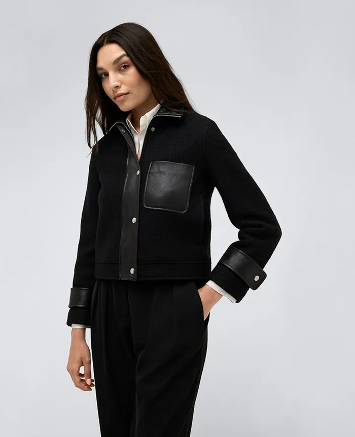 Kenneth Cole Blazers and Jackets Women Vegan Leather And Wool Cropped Moto Jacket Black Kenneth Cole Blazers and Jackets Women Vegan Leather And Wool Cropped Moto Jacket Black