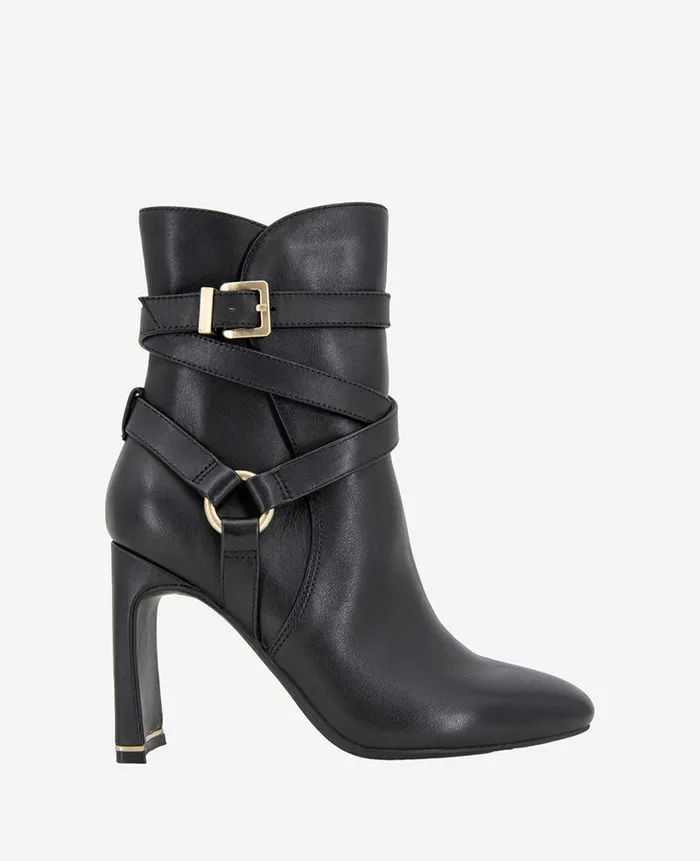 Kenneth Cole Boots and Booties Women Nellie Leather Buckle Heel Ankle Bootie Black