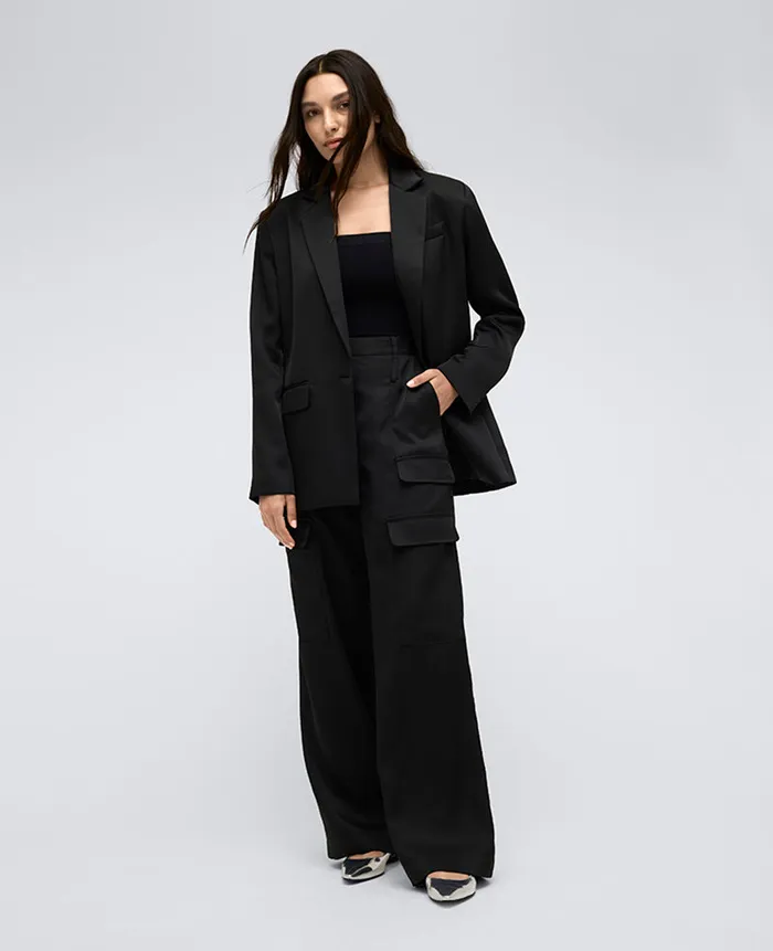 Kenneth Cole Matching Sets Women Satin High Rise Cargo Wide Leg Pant Black
