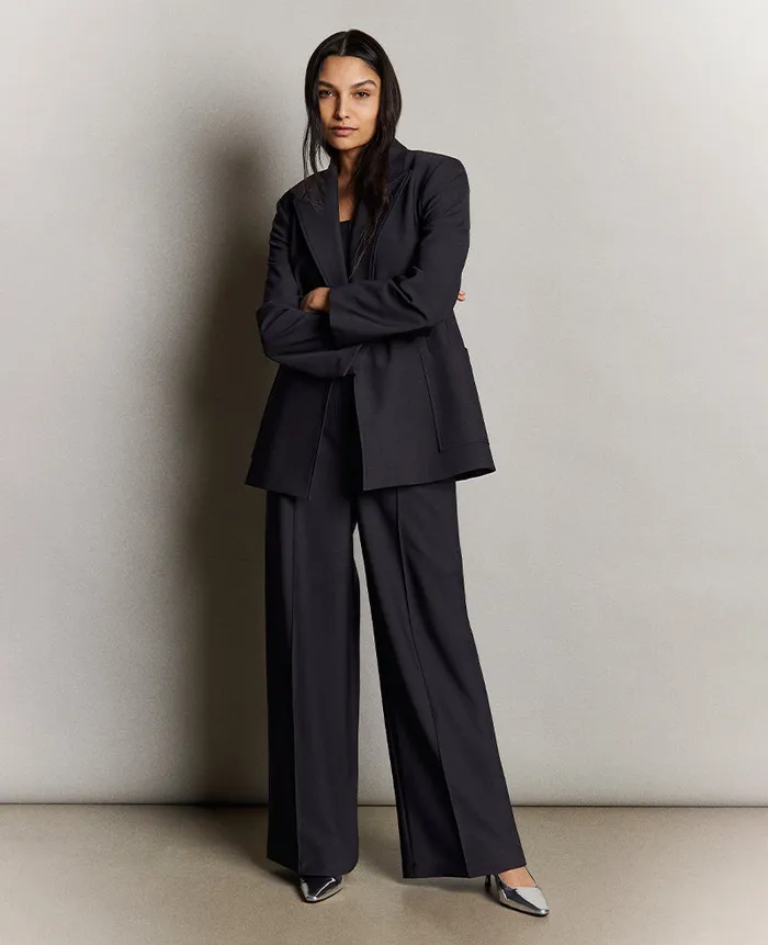 Kenneth Cole Matching Sets Women Twill Crisscross Waistband Wide Leg Trouser Black