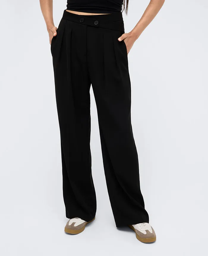 Kenneth Cole Matching Sets Women Twill Crisscross Waistband Wide Leg Trouser Black Kenneth Cole Matching Sets Women Twill Crisscross Waistband Wide Leg Trouser Black