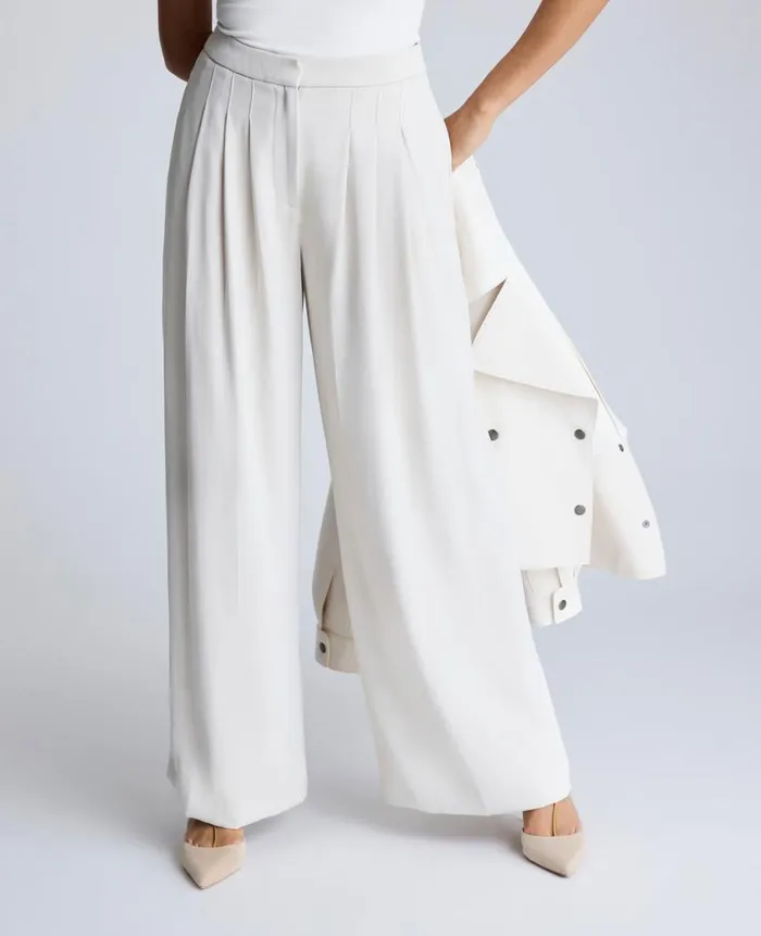 Kenneth Cole Pants and Shorts Women High Rise Fly Front Triple Pleat Wide Leg Pant Beige