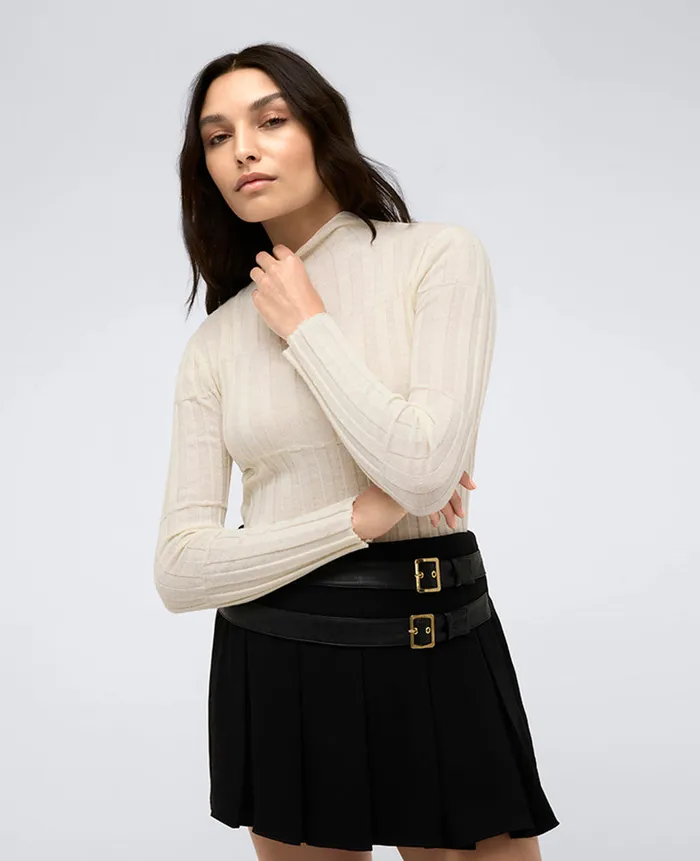 Kenneth Cole Sweaters Women Ribbed Long Sleeve Mock Neck Sweater White