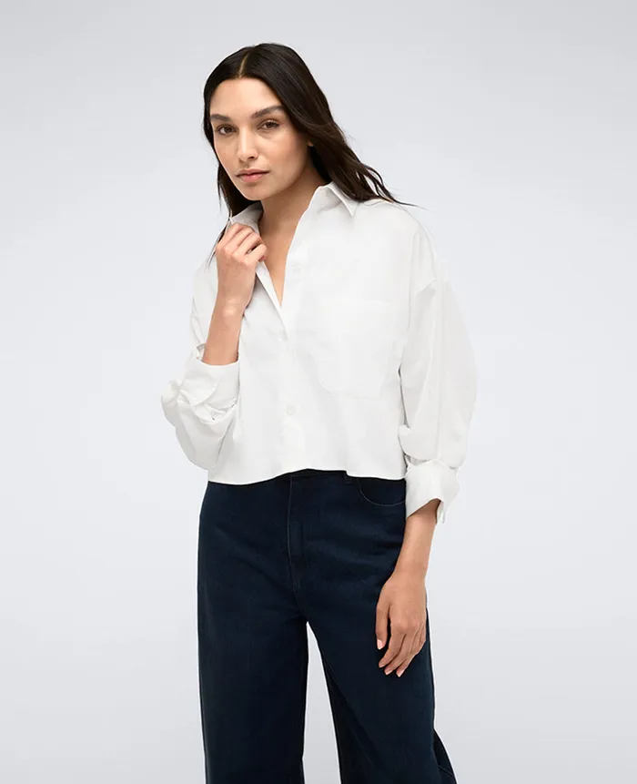 Kenneth Cole Tops Women Button Front Crop Boyfriend Shirt White