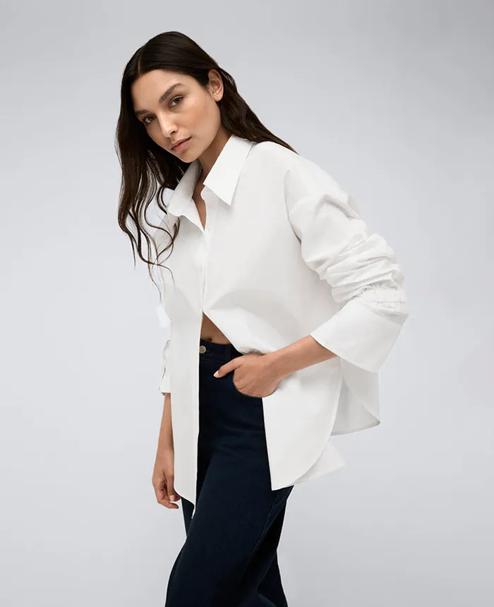 Kenneth Cole Tops Women Button Front Shirt W Elastic Sleeve Detail White