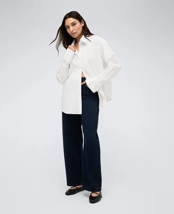 Kenneth Cole Tops Women Button Front Shirt W Elastic Sleeve Detail White