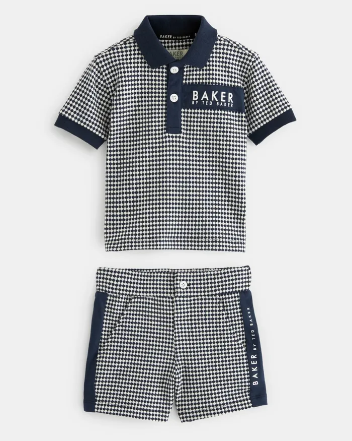 Kids SERGIU 8211 Textured Pattern Polo Shirt And Shorts Set Navy Ted Baker Sets and Outfits