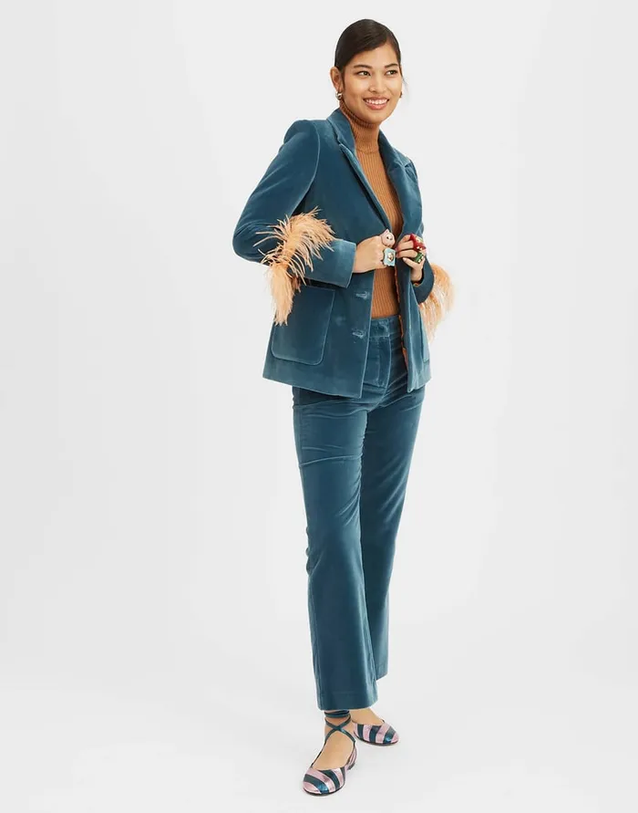 La Doublej 247 Pants Light Blue In Velvet With Feathers Women Shorts and Pants