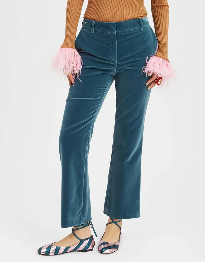 La Doublej 247 Pants Light Blue In Velvet With Feathers Women Shorts and Pants