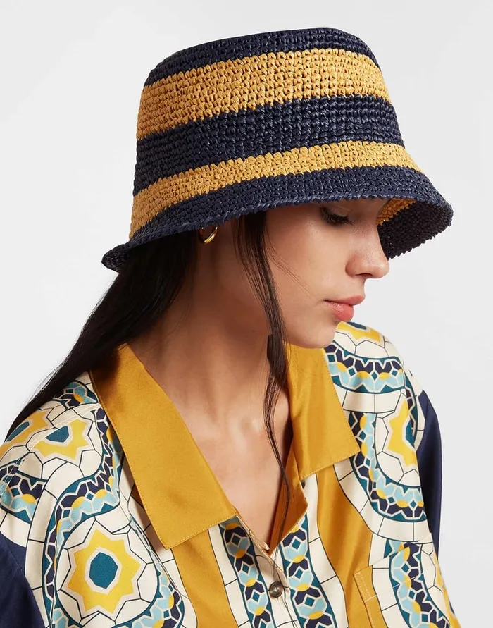 La Doublej Bucket Hat Color Block Navy In Raffia Crochet Women Hats