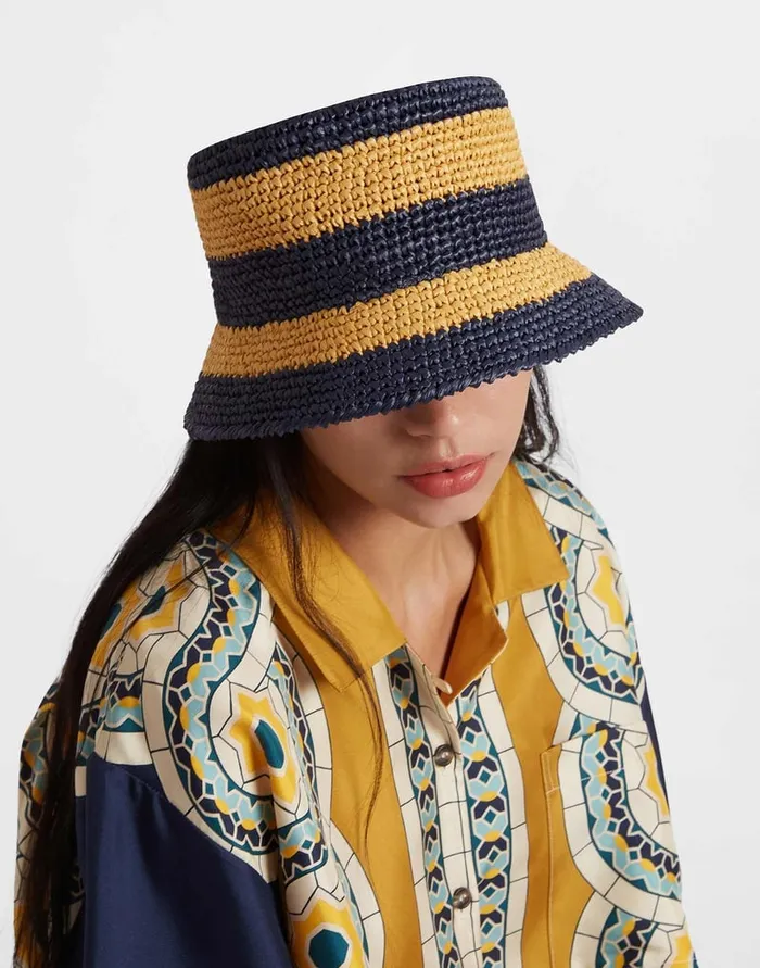 La Doublej Bucket Hat Color Block Navy In Raffia Crochet Women Hats