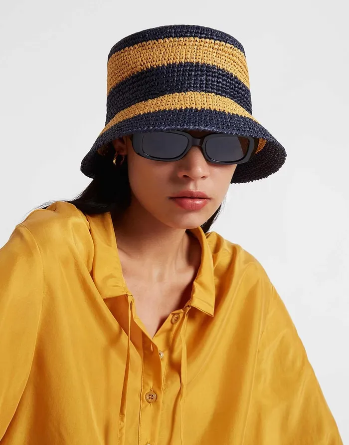 La Doublej Bucket Hat Color Block Navy In Raffia Crochet Women Hats