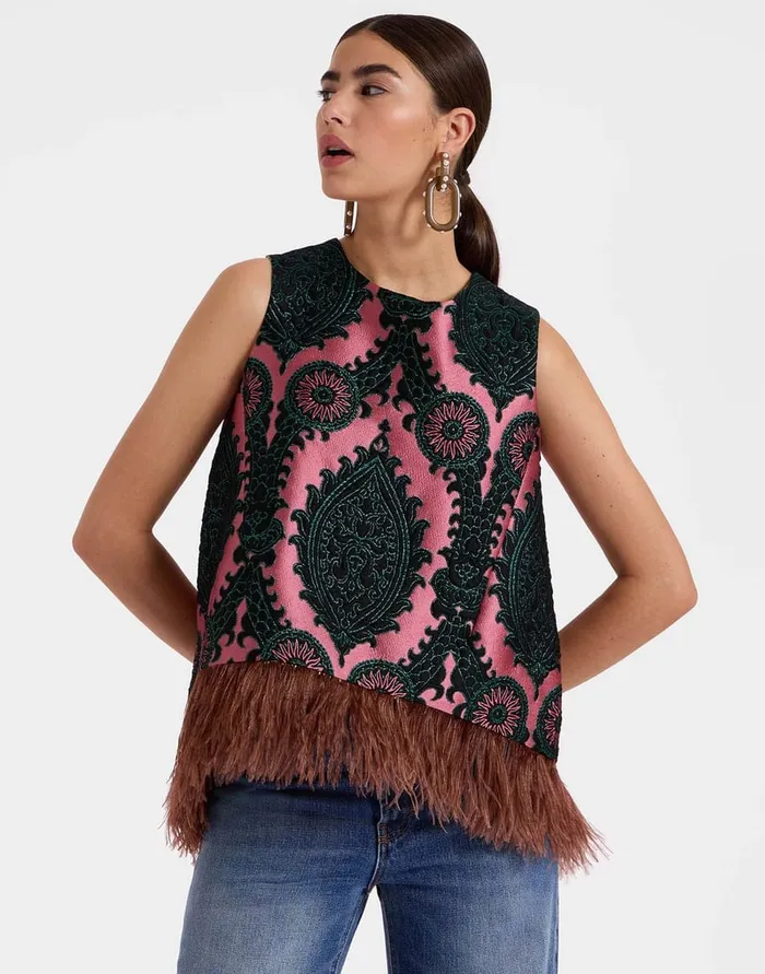 La Doublej La Scala Top Oltrarno Pink In Jacquard With Feathers Women Shirts and Tops
