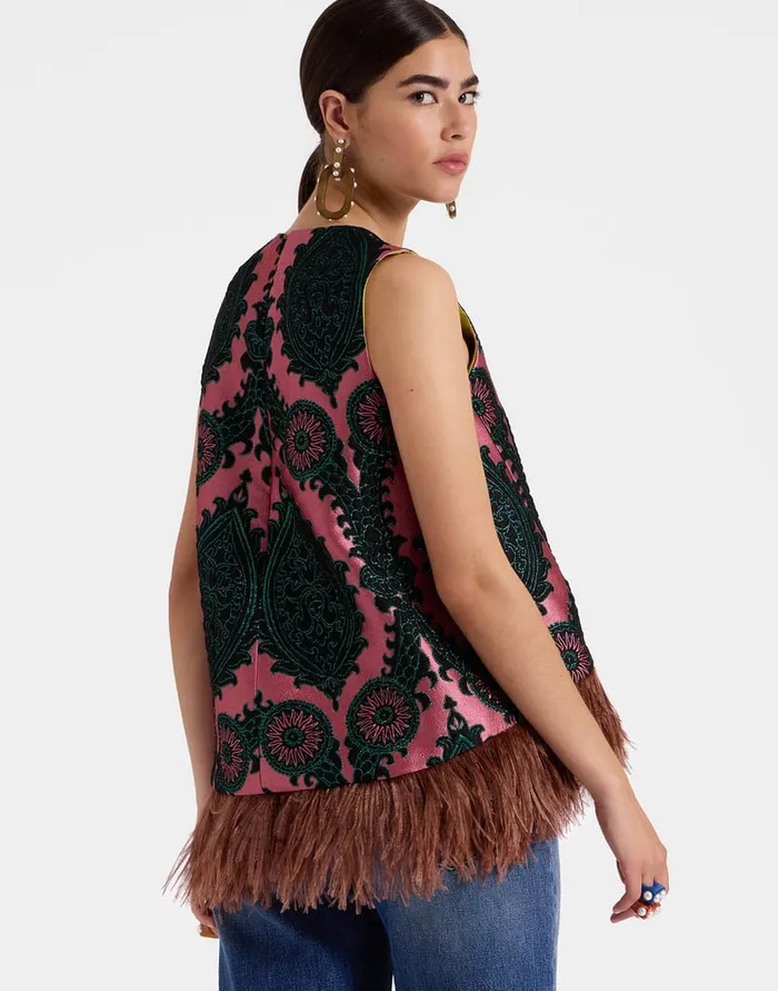La Doublej La Scala Top Oltrarno Pink In Jacquard With Feathers Women Shirts and Tops