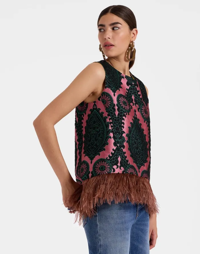 La Doublej La Scala Top Oltrarno Pink In Jacquard With Feathers Women Shirts and Tops