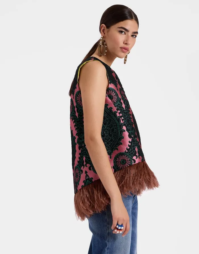 La Doublej La Scala Top Oltrarno Pink In Jacquard With Feathers Women Shirts and Tops