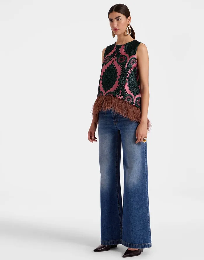 La Doublej La Scala Top Oltrarno Pink In Jacquard With Feathers Women Shirts and Tops