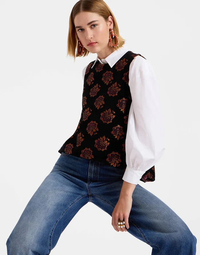La Doublej La Scala Top Rosette Black In Jacquard Women Shirts and Tops
