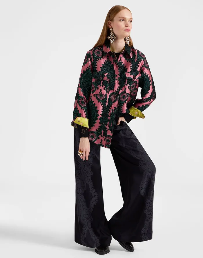 La Doublej Palazzo Pants Portal Laser Black In Viscose Satin Stretch Women Shorts and Pants