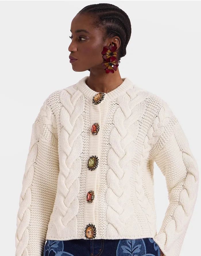 La Doublej Portrait Cardigan Solid Ivory In Chunky Wool Women Knitwear