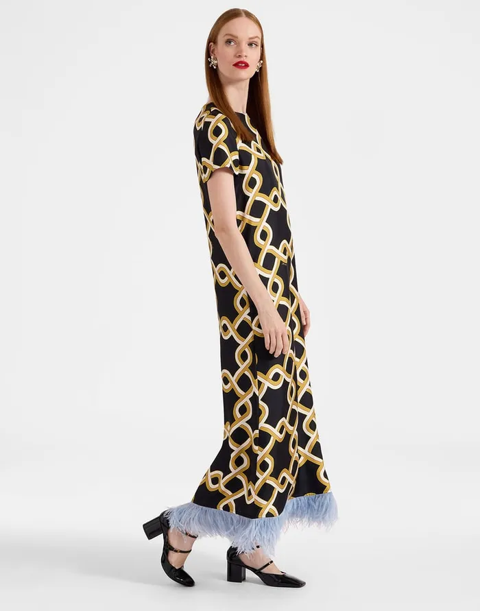 La Doublej Swing Dress Tackle Black In Silk Twill With Feathers Women Dresses