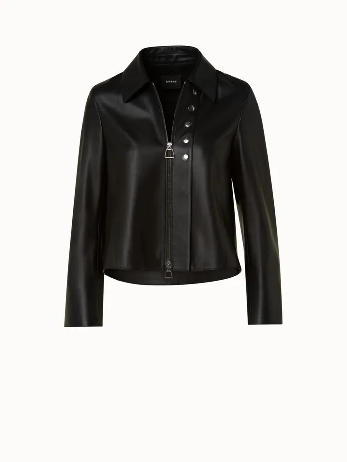 Lamb Leather Jacket With Shirt Collar And Button Detail Black Women Akris Jackets