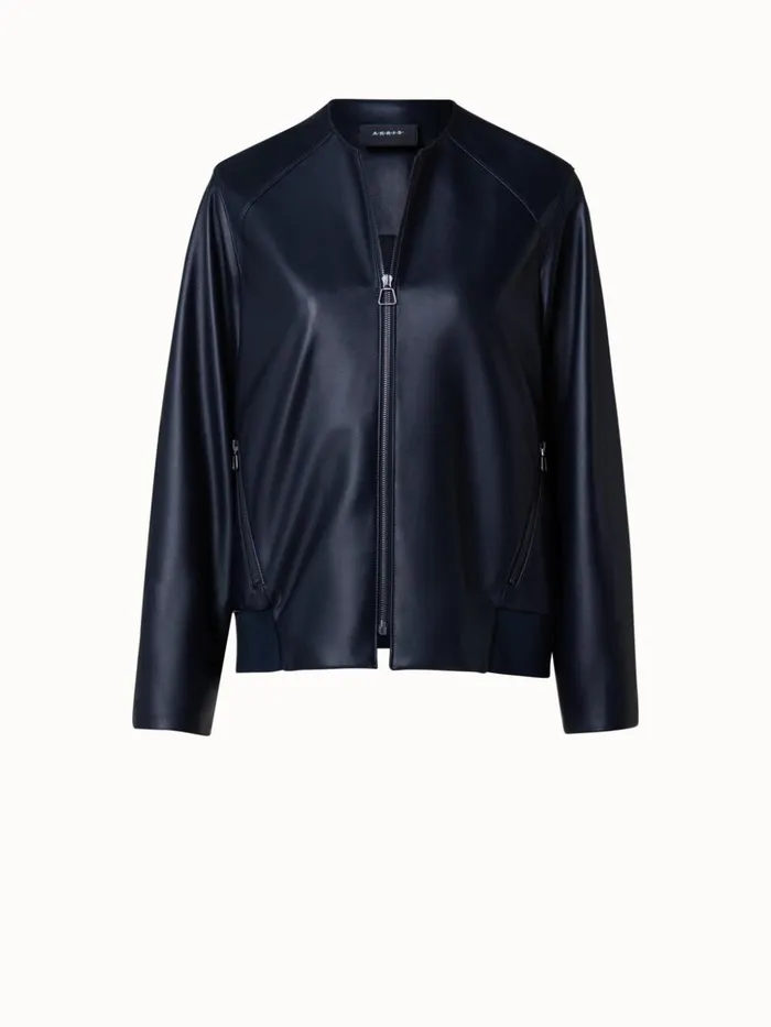 Lambskin Leather Bomber Jacket Navy Women Akris Jackets