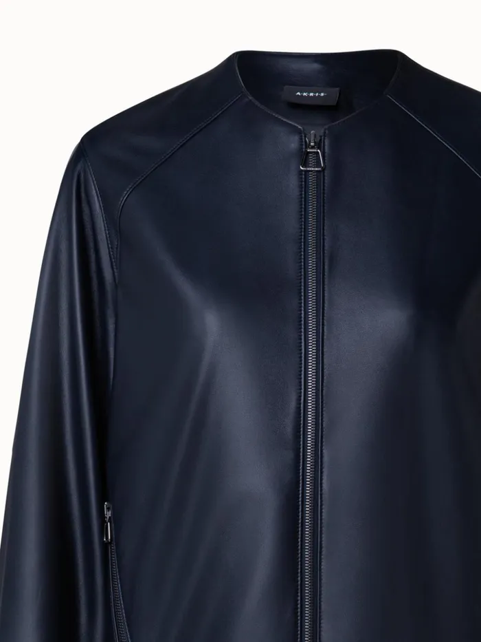 Lambskin Leather Bomber Jacket Navy Women Akris Jackets