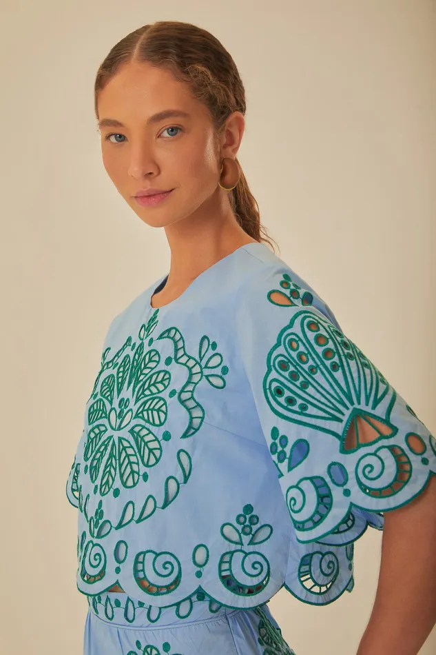 Light Blue And Green Graphic Richelieu Crop Top Women Farm Rio Crop Tops