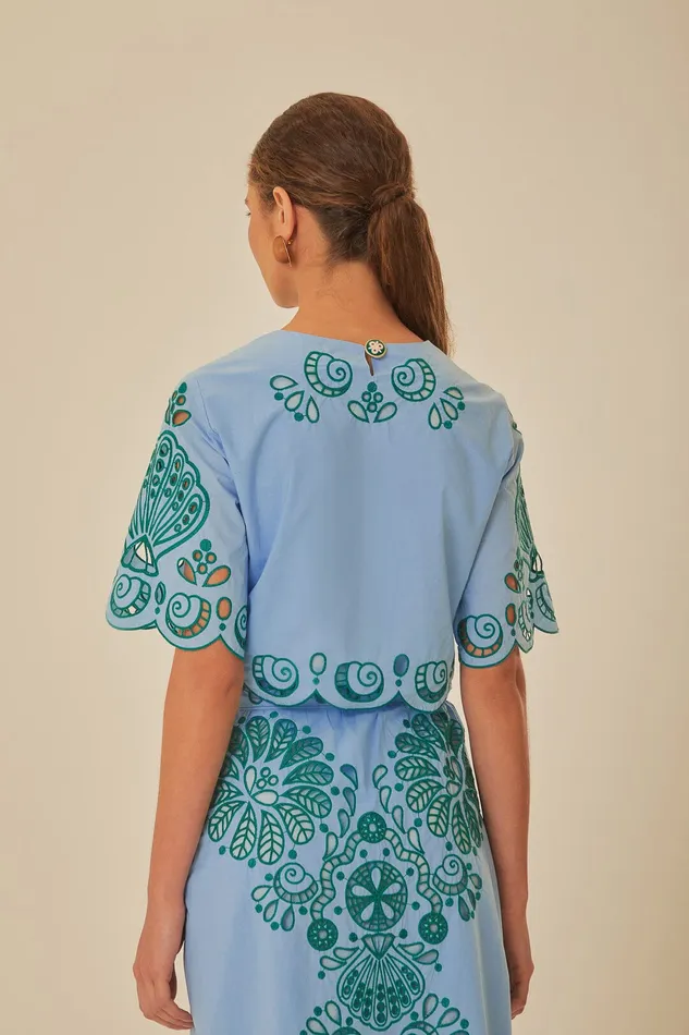 Light Blue And Green Graphic Richelieu Crop Top Women Farm Rio Crop Tops