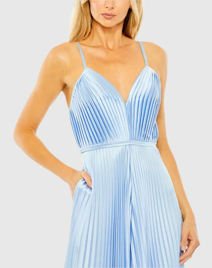 Light Blue Pleated Plunge Neck Wide Leg Jumpsuit Blue Women Daytime Dresses Mac Duggal