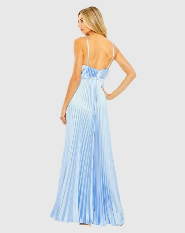 Light Blue Pleated Plunge Neck Wide Leg Jumpsuit Blue Women Daytime Dresses Mac Duggal