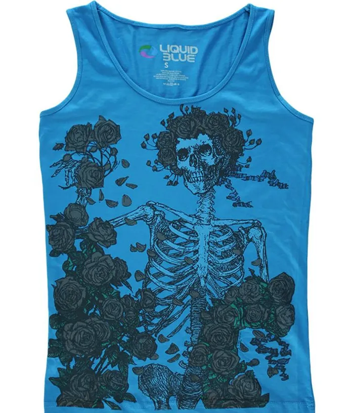 Liquid Blue Juniors Tank Top Women Skeleton And Roses Blue Juniors Tank Top TShirt