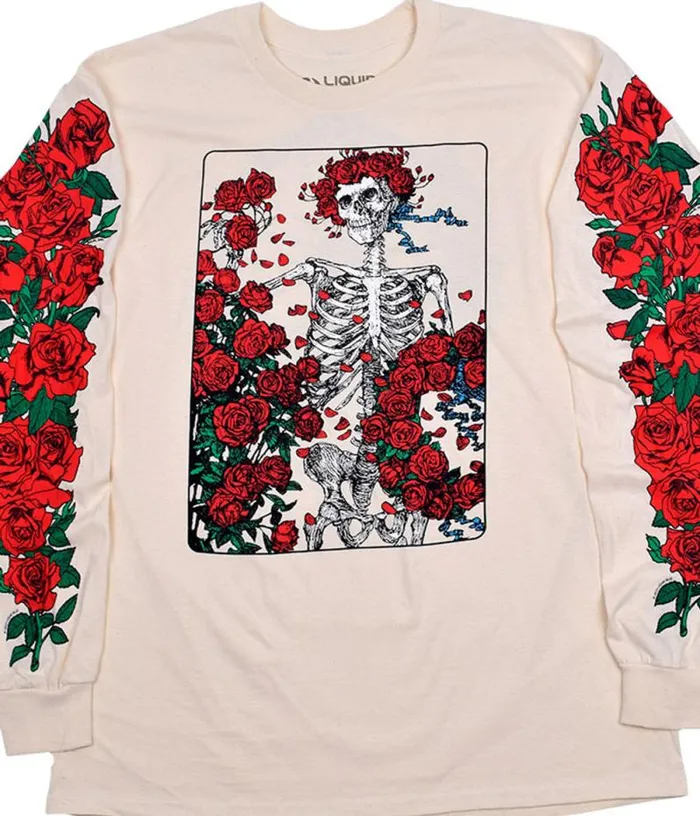 Liquid Blue Long Sleeve Men Woodcut Wheel and Roses Long Sleeve Natural TShirt