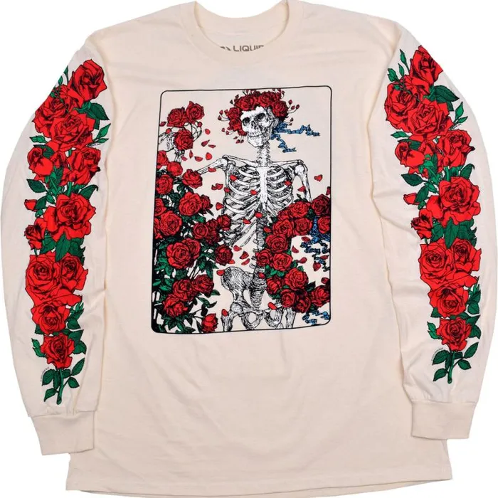 Liquid Blue Long Sleeve Men Woodcut Wheel and Roses Long Sleeve Natural TShirt Liquid Blue Long Sleeve Men Woodcut Wheel and Roses Long Sleeve Natural TShirt