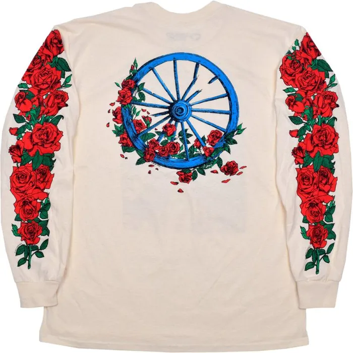 Liquid Blue Long Sleeve Men Woodcut Wheel and Roses Long Sleeve Natural TShirt Liquid Blue Long Sleeve Men Woodcut Wheel and Roses Long Sleeve Natural TShirt
