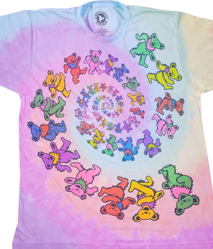 Liquid Blue PolyCotton TShirt Men Vintage Spiral Bears PolyCotton TieDye TShirt