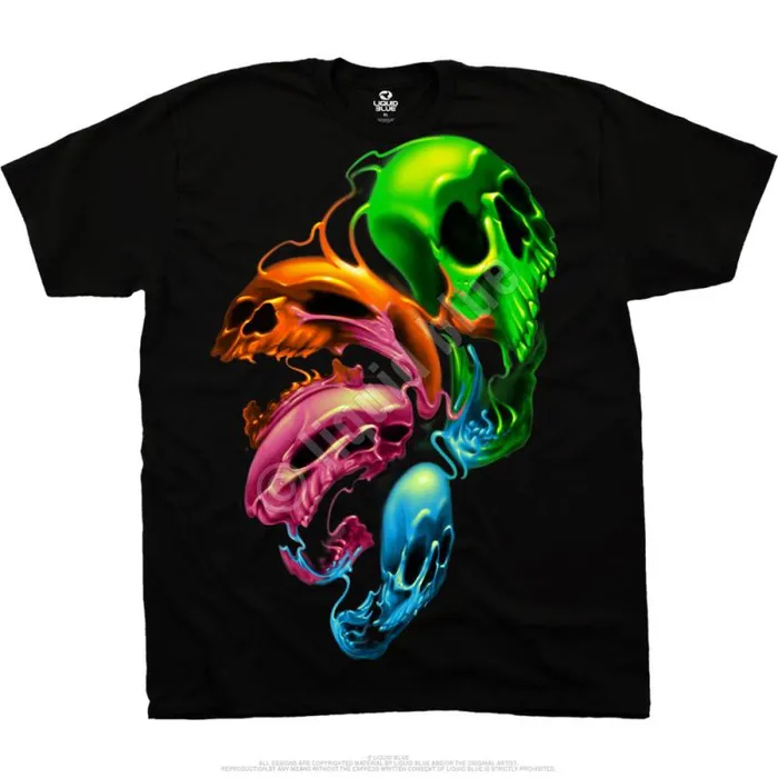 Liquid Blue TShirt Men Liquid Neon Skulls Black TShirt