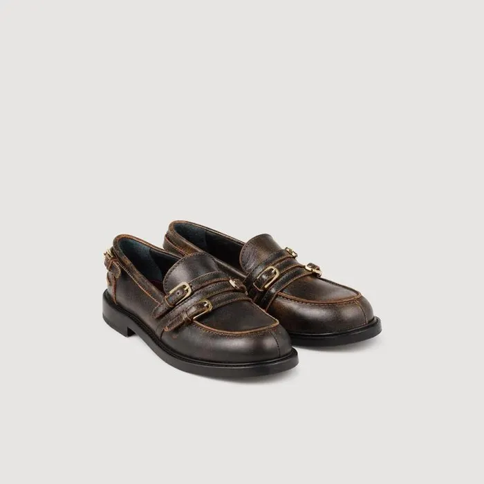 Loafers and Flats Women SANDRO Distressed Leather Loafers Brown