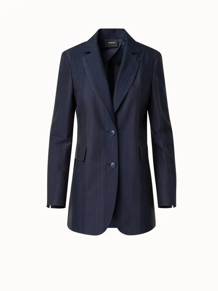 Long Jacket In Silk Cotton Seersucker Navy Women Akris Jackets