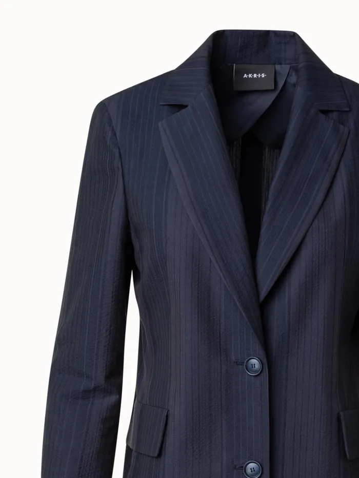 Long Jacket In Silk Cotton Seersucker Navy Women Akris Jackets