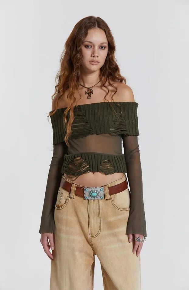 Long Sleeve Tops Women Jaded London Nova Off The Shoulder Mesh Top