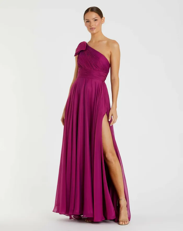 Mac Duggal Best Sellers Women Purple Pleated One Shoulder Chiffon Gown Raspberry