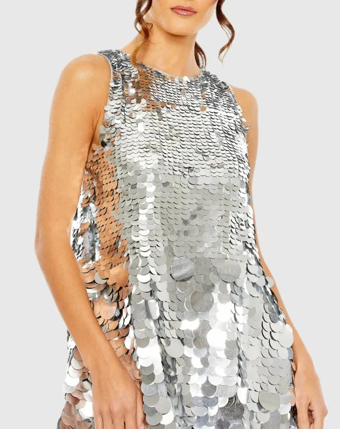 Mac Duggal Cocktail Dresses Women Sleeveless Disc Sequin Trapeze Dress Silver