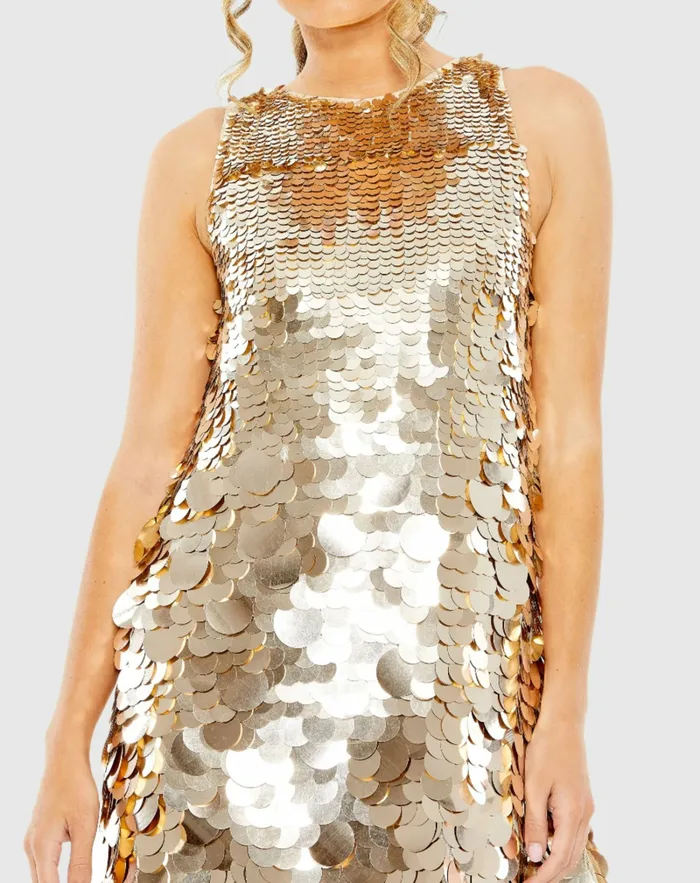 Mac Duggal Cocktail Dresses Women Sleeveless Disc Sequin Trapeze Dress Silver